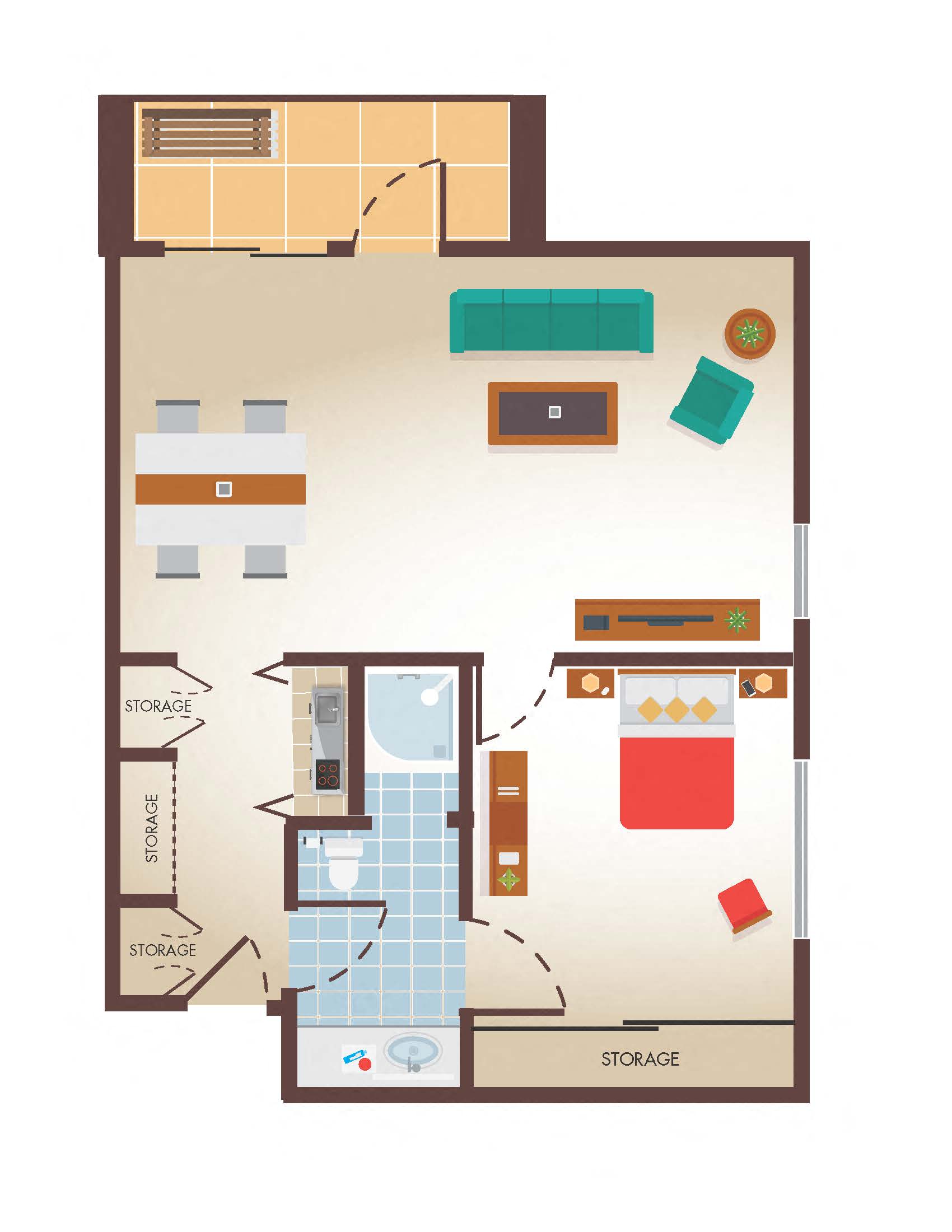 Floor plan for 1 bed, 1 bath, 706 sqft